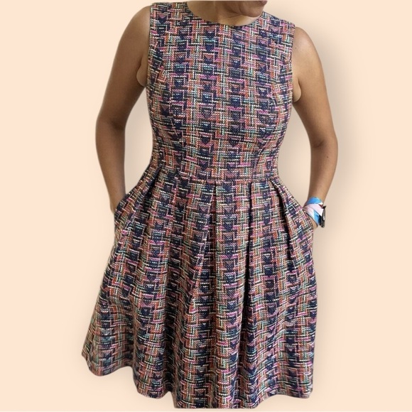 Shoshanna Navy Pink Multicolor Textured Tweed Sleeveless Fit & Flare Dress - Picture 2 of 12